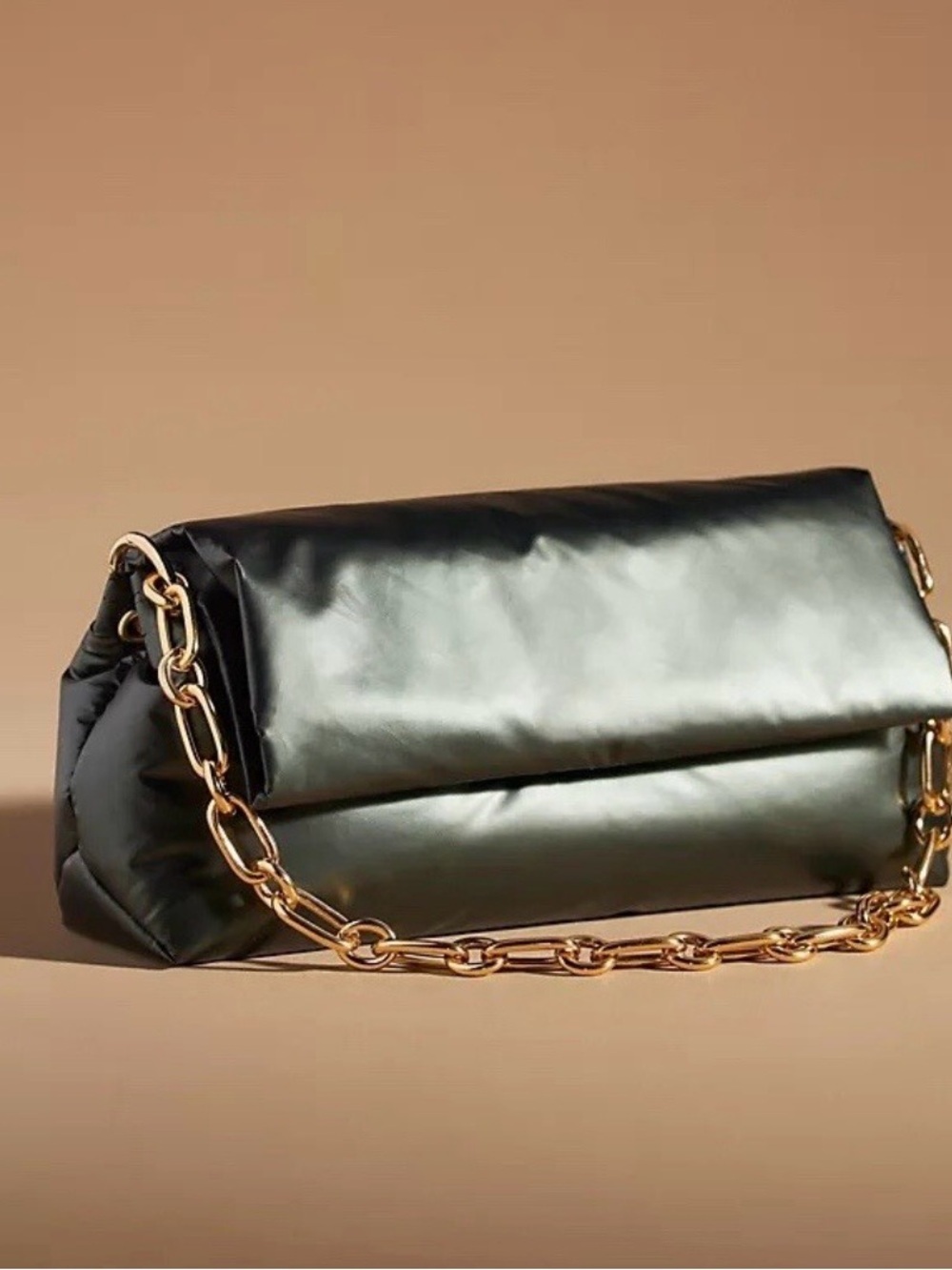 Anthropologie Green Metallic Puff Shoulder Bag Gold Chain Strap NEW